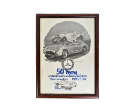 Motor Racing - an original vintage 1970s (1976) Mercedes Benz automobile advertising poster. The poster featuring Sterling Mo