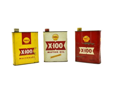Automobilia - Three vintage mid 20th century Shell X-100 motor oil cans. Each of typical form with one finished in white, ano