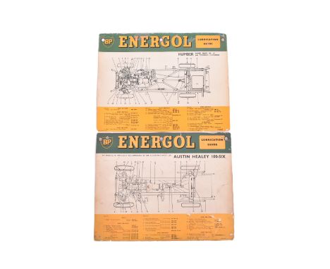 Energol - a pair of vintage mid century motor car lubrication guides. Each with BP shield logo to upper left hand corner and 