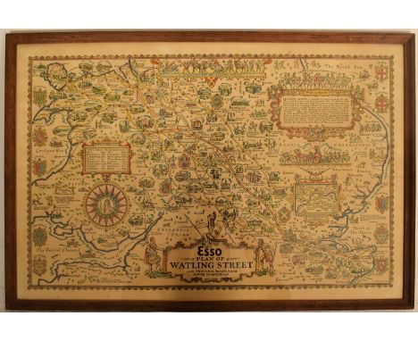 A vintage 20th century 1930s Esso map plan of Watling Street and principal roads from Dover to Holyhead. Printed in colour wi