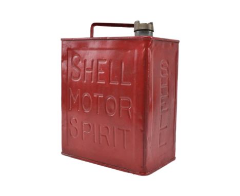Shell Motor Spirit - an early 20th century petroleum oil can. The can of red ground, with heavy bronze unmarked screw cap. Ma