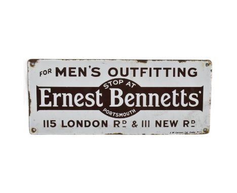 Ernest Bennetts' Outfittings - a&nbsp;vintage mid 20th century porcelain enamel advertising shop sign for Ernest Bennetts' Ou