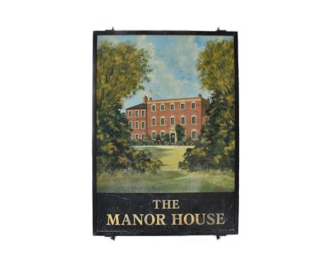 Advertising - a vintage late 20th century hanging pub sign for The Manor House, Nottingham. The sign in black painted chrome 