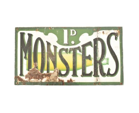 Monsters - A vintage early 20th century industrial shop point of sale advertising porcelain enamel sign. The sign of rectangu