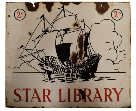 A vintage early 20th century Star Library double side pictorial point of sale porcelain enamel advertising sign. Square form 