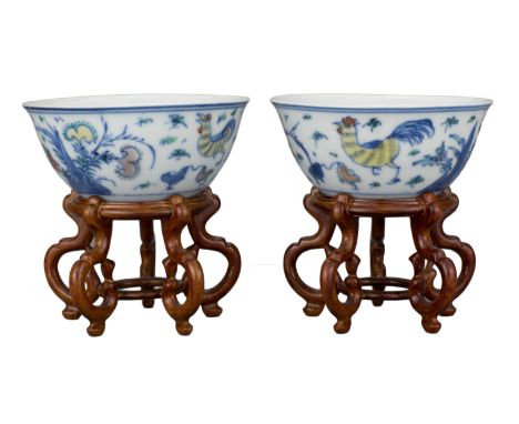 PAIR OF CHINESE DOUCAI PORCELAIN ‘CHICKEN’ CUPS, KANGXI PERIOD, 18th CENTURY  Finely potted with a countersunk base and gentl