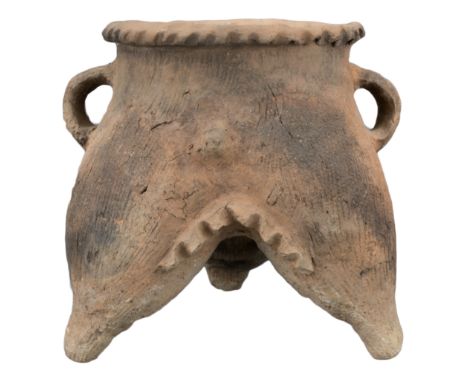 CHINESE NEOLITHIC POTTERY TRIPOD – QIJIA CULTURE  A cooking vessel with three hollow bulbous legs. The surface coated with th