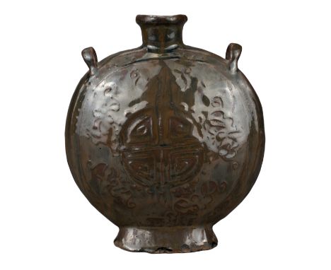 CHINESE SONG / MING DYNASTY STONEWARE MOON FLASK  Both sides with moulded decoration. Two pierced holes to the foot and two l