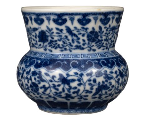 CHINESE BLUE AND WHITE PORCELAIN SPITTOON ‘ZHADOU’, TONGZHI PERIOD OR EARLIER, 19th CENTURY  With compressed globular body, d