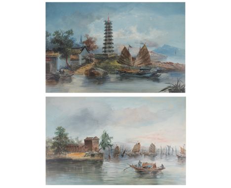 TWO OIL ON BOARD PAINTINGS OF WHAMPOA, CANTON CHINA  Two oil on board paintings of Whampoa, modern day Pazhou. The first show