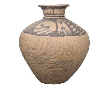 LARGE CHINESE NEOLITHIC POTTERY JAR – CAIYUAN CULTURE  The wide body with flared mouth decorated from the shoulder with repea