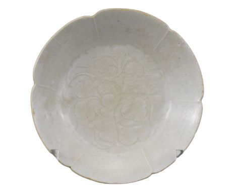 CHINESE FOLIATE SHAPED QINGBAI PORCELAIN DISH, SONG DYNASTY  Divided into six lobes covered in a pale greenish glaze with inc