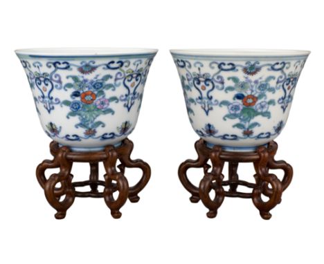 FINE PAIR OF CHINESE DOUCAI PORCELAIN WINE CUPS, YONGZHENG MARK AND PERIOD, 18th CENTURY  Thinly- potted and bell-shaped with