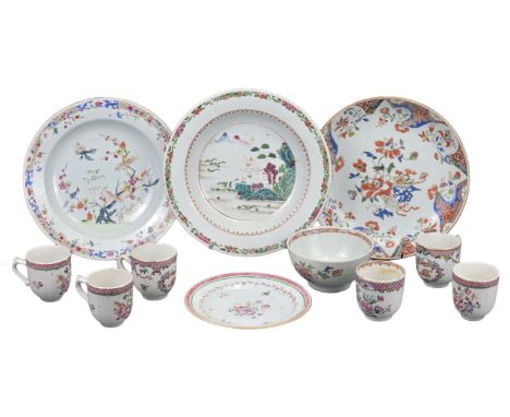 GROUP OF ELEVEN CHINESE FAMILLE ROSE EXPORT PORCELAIN, 18th CENTURY  Comprising three serving dishes, six coffee cups with ha