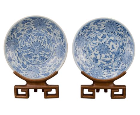 TWO CHINESE BLUE AND WHITE PORCELAIN DISHES, JIAQING PERIOD, 18th/19th CENTURY  Each decorated with scrolling lotus design. E