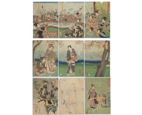 TWO JAPANESE WOODBLOCK TRIPTYCH PRINTS, UTAGAWA KUNIAKI, KUNIYOSHI, FUSATANA & KUNISADA, EDO PERIODA triptych of figures unde