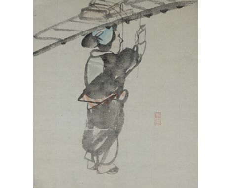FINE JAPANESE SHIJO SCHOOL DRAWING BY DOZAN, LATE EDO PERIOD  This superb Shijo drawing of a woman carrying a ladder and a st