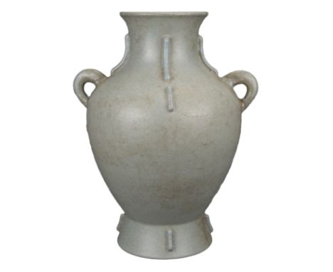 CHINESE GUAN-TYPE ARCHAISTIC PORCELAIN VASE, QIANLONG SEAL MARK  Covered in a pale greyish-green glaze with two looped handle