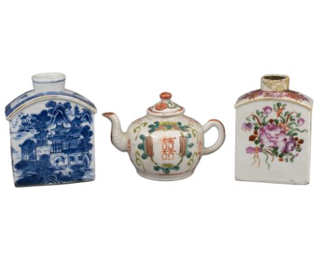 TW0 CHINESE PORCELAIN TEA CADDIES &amp; TEAPOT, 18/19th CENTURY  Famille Rose porcelain tea caddy decorated with a floral des