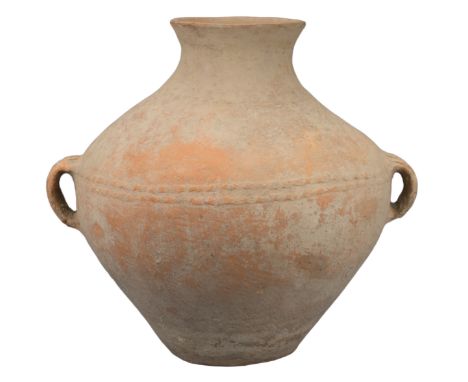 CHINESE NEOLITHIC POTTERY JAR – MACHANG PHASE  The jar unpainted with two looped handles and conical base decorated with a tw