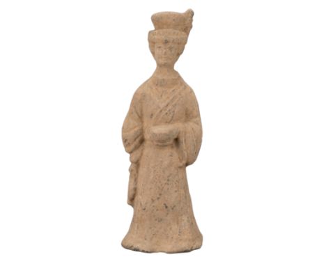 CHINESE HAN SICHUAN POTTERY FIGURE OF A LADY  Wearing a flowing robe and elaborate headgear, holding a bowl in one hand and a