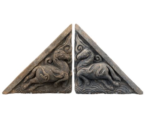 PAIR OF CHINESE MING DYNASTY PAINTED POTTERY HORSE TILES  Made of a dense grey pottery and painted in black pigment. Each til