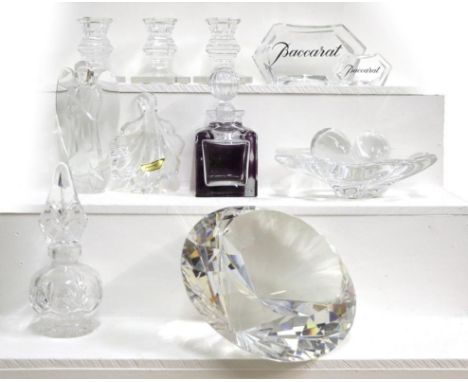 A boxed Rosenthal crystal diamond and a quantity of Baccarat glass including a statue of an angel, three dwarf candlesticks, 