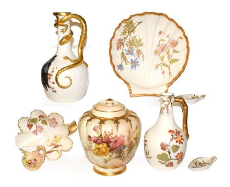 A collection of Royal Worcester blush ware, including a lizard handled ewer painted with an owl, puce mark and date code for 