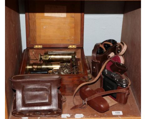 A late 19th century wooden cased brass Richards Patent Steam Engine Indicator, together with a leather cased pair of Asahi Pe