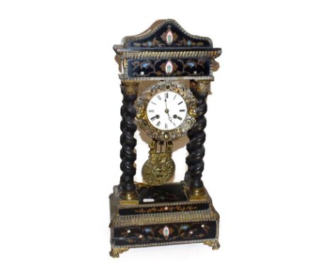 19th century French Portico mantle clock with boule inlay striking on a bell, 52cm high 