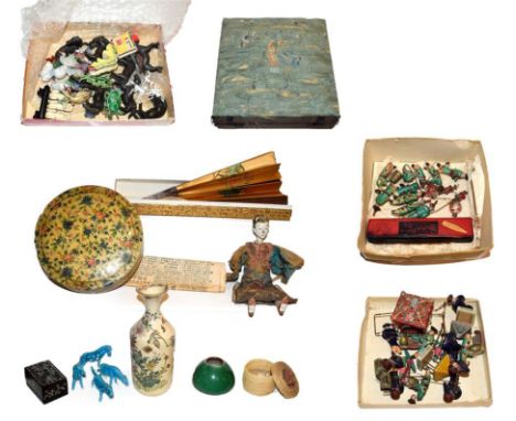 A quantity of assorted Chinese miniature pottery figures, some carrying lanterns, others pulling a carriage, bronzed horses, 