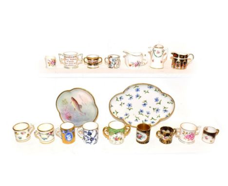 A tray of miniature porcelain tankards and dolls house miniatures, including Royal Crown Derby, Coalport and Mintons, togethe