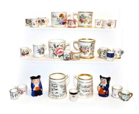 A collection of miniature porcelain tankards including Royal Crown Derby, Royal Worcester and Coalport, a pair of Royal Worce