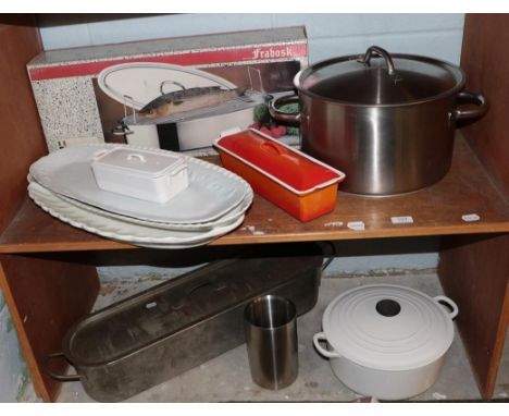 Kitchen items comprising of a Le Creuset white enamel casserole dish with cover, volcanic enamel pate terrine dish with cover