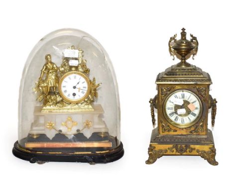 19th century French brass cased mantle clock, striking on a bell together with another French alabaster clock with gilt metal