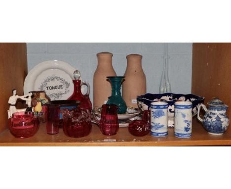 Assorted items including Victorian cranberry glass, Staffordshire figure of two boxers, Victorian pottery tong stand, Romanes