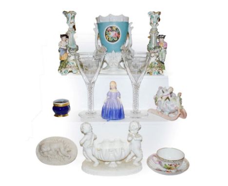 A tray of assorted porcelain including a pair of 19th century Coalport figural candlesticks, Dresden cup and saucer and a Roy