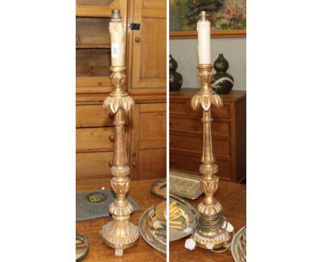 Pair of tall carved giltwood candlestick table lamps 61cm to the top of the gilt (2)