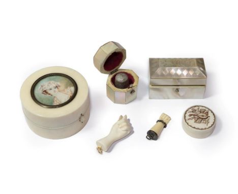 Assorted 19th century ivory and mother of pearl items to include a circular box set with a portrait miniature, small jewel ca