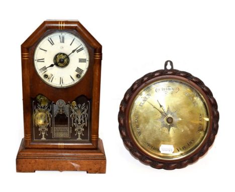 A Seth Thomas mantel clock with alarm function, together with an oak cased wheel barometer with brass dial, clock 42cm (2)