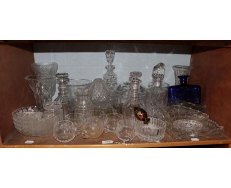 A quantity of assorted glass and cut crystal, including a pair of 19th century three ring decanters, Victorian celery vase, s