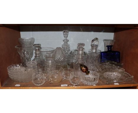 A quantity of assorted glass and cut crystal, including a pair of 19th century three ring decanters, Victorian celery vase, s