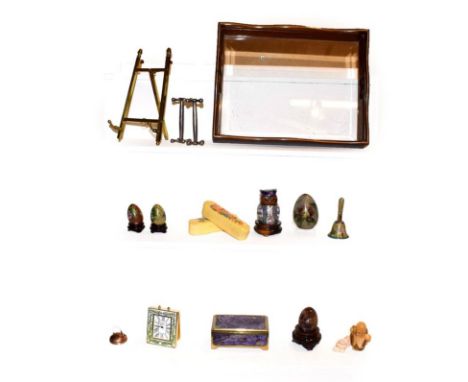 A tray of assorted items to include blue John egg on stand, gilt metal easel, Russian charoite trinket box, cloisonne pieces,
