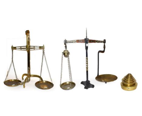 Two sets of Victorian W &amp; T Avery weighing scales, together with a set of graduated brass weights (2)