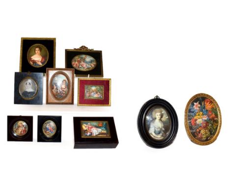 A collection of portraits and other miniatures including a pair of religious, Gainsborough style, after Boucher in gilt frame