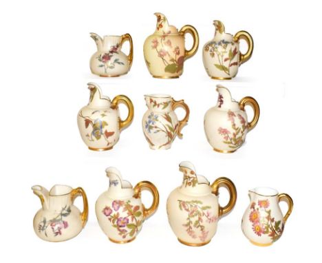Ten Royal Worcester blush ware jugs including Victorian, mostly flat back and also including a mask jug, all enamelled with n