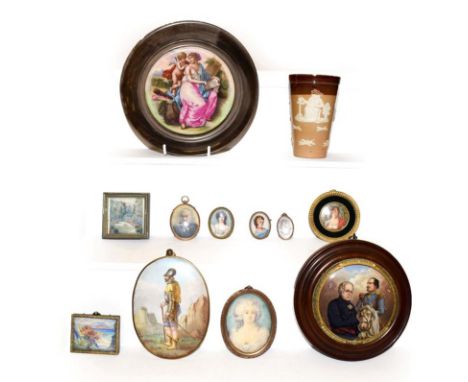 A collection of portrait miniatures and other miniature paintings, together with a Doulton Lambeth harvest ware beaker, Pratt