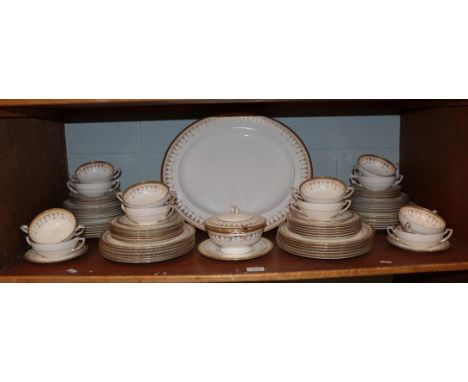 Royal Worcester Imperial pattern white and gold dinner service comprising two sauce tureens with covers and stands, one oval 