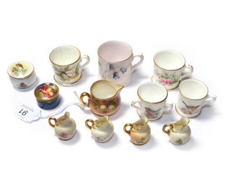 A collection of Royal Worcester miniatures, to include a fruit painted jug and lidded pot, four flat back blush ware jugs, fo