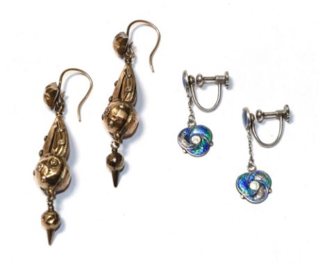 A pair of enamel drop earrings, unmarked, with screw fittings and a further pair of drop earrings, unmarked, with hook fittin